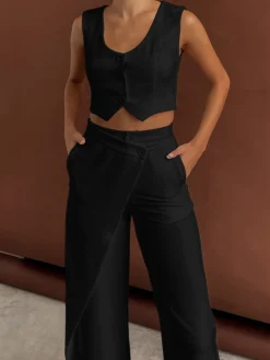 COMMENSE Solid  Asymmetrical Straight Leg Pants Set* Pants Sets|Matching Sets