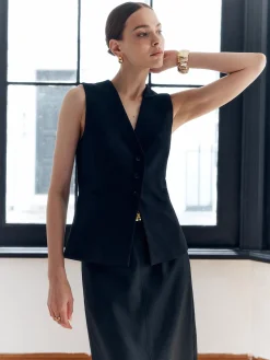 COMMENSE Solid Back Split Button V-Neck Vest* Outerwear|Vests
