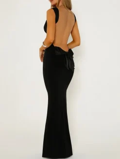 COMMENSE Solid Backless With Bow Long Dress* Black Dresses|Cocktail & Party Dresses