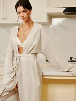 COMMENSE Solid Belted Draped Maxi Long Shirt* Long Sleeve Sets|Blouses & Shirts