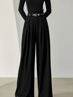 COMMENSE Solid Belted Pleated Wide Leg Pants* Wide Leg|Pants