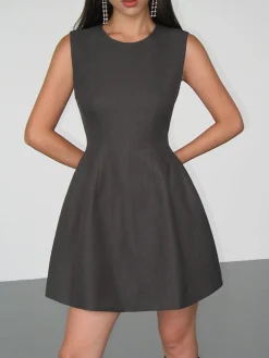 COMMENSE Solid Crew Neck Sleeveless Mini Dress* Casual Dresses|Work Dresses