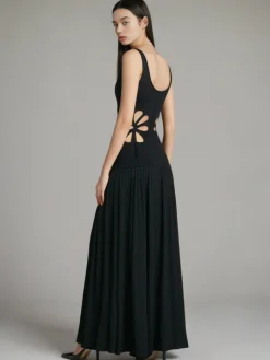 COMMENSE Solid Cutout Sleeveless Dress* Black Dresses|Casual Dresses