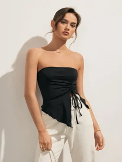 COMMENSE Solid Drawstring Backless Knotted Tube Top* Tank Tops & Camis|Tops