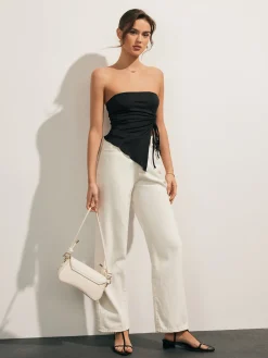 COMMENSE Solid Drawstring Backless Knotted Tube Top* Tank Tops & Camis|Tops