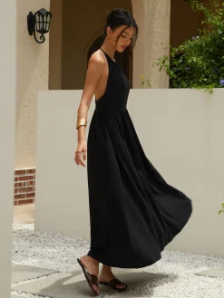 COMMENSE Solid Halter Long Dress* Black Dresses|Cocktail & Party Dresses