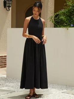 COMMENSE Solid Halter Long Dress* Black Dresses|Cocktail & Party Dresses