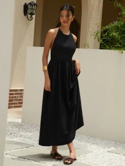 COMMENSE Solid Halter Long Dress* Black Dresses|Cocktail & Party Dresses