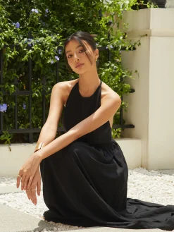 COMMENSE Solid Halter Long Dress* Black Dresses|Cocktail & Party Dresses