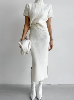 COMMENSE Solid High Neck Split Ribbed Knit Two Pieces Skirt Set* Sweater Tops|Skirts