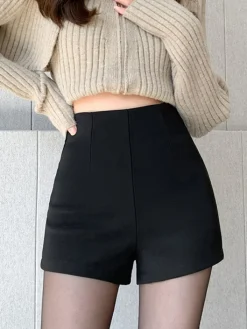 COMMENSE Solid High Waist Zip Shorts* Shorts|Bottoms