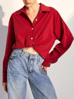 COMMENSE Solid Lapel Button Draped Shirt* Blouses & Shirts|Tops