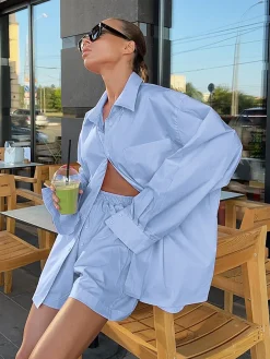 COMMENSE Solid Lapel Pocket Loose Shorts Set* Shorts Sets|Shorts