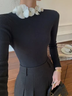 COMMENSE Solid Long Sleeve Floral Knit Top* Sweater Tops|Sweaters & Cardigans