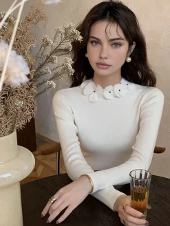 COMMENSE Solid Long Sleeve Floral Knit Top* Sweater Tops|Sweaters & Cardigans