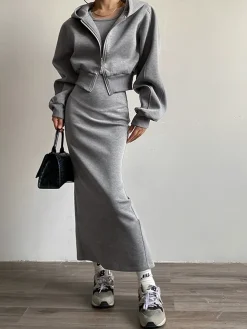COMMENSE Solid Long Sleeve Zip Crop Hoodie* Long Sleeve Sets|Outerwear
