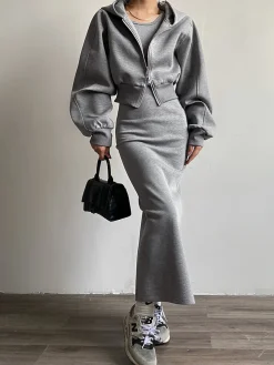 COMMENSE Solid Long Sleeve Zip Crop Hoodie* Long Sleeve Sets|Outerwear
