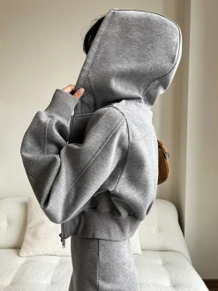 COMMENSE Solid Long Sleeve Zip Crop Hoodie* Long Sleeve Sets|Outerwear
