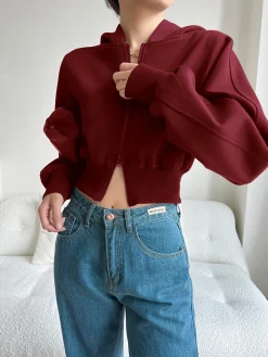 COMMENSE Solid Long Sleeve Zip Crop Hoodie* Long Sleeve Sets|Outerwear