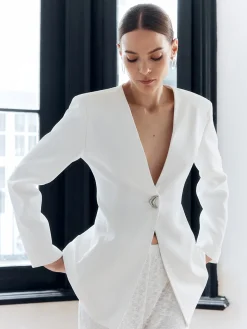 COMMENSE Solid Metal Button V-Neck Blazer* Outerwear|Blazers