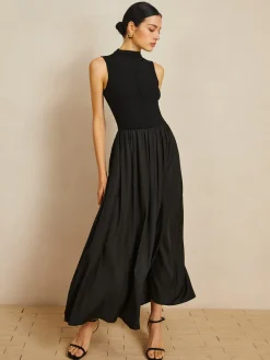 COMMENSE Solid Mock Neck Sleeveless Long Dress* Black Dresses|Casual Dresses