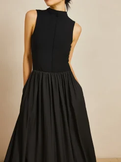 COMMENSE Solid Mock Neck Sleeveless Long Dress* Black Dresses|Casual Dresses