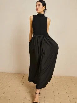 COMMENSE Solid Mock Neck Sleeveless Long Dress* Black Dresses|Casual Dresses