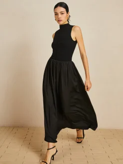COMMENSE Solid Mock Neck Sleeveless Long Dress* Black Dresses|Casual Dresses