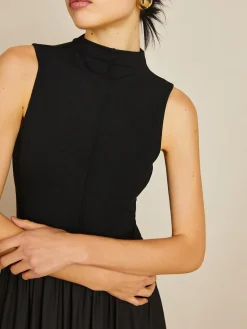 COMMENSE Solid Mock Neck Sleeveless Long Dress* Black Dresses|Casual Dresses