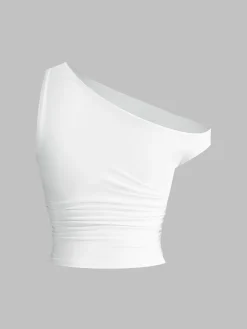 COMMENSE Solid One-Shoulder Sleeveless Short Top* T-shirts|Tops