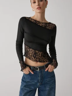 COMMENSE Solid Patchwork Lace Long Sleeve Top* T-shirts|Tops