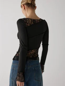 COMMENSE Solid Patchwork Lace Long Sleeve Top* T-shirts|Tops