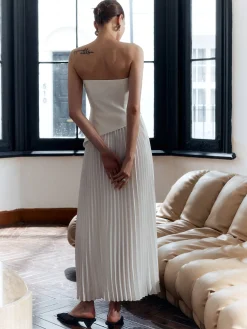 COMMENSE Solid Pleated Strapless Split Dress* White Dresses|Casual Dresses