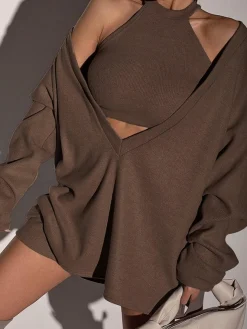 COMMENSE Solid Ribbed Knit Sweatshirt with Vest* Sweatshirts & Hoodies|Vests
