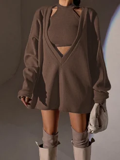 COMMENSE Solid Ribbed Knit Sweatshirt with Vest* Sweatshirts & Hoodies|Vests