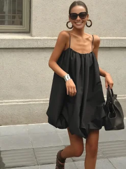 COMMENSE Solid Sleeveless Balloon Cami Dress* Black Dresses|Casual Dresses