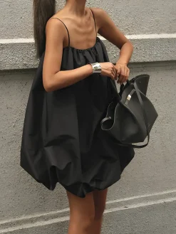 COMMENSE Solid Sleeveless Balloon Cami Dress* Black Dresses|Casual Dresses