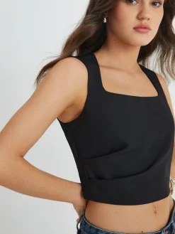 COMMENSE Solid Square Neck Pleated Tank Top* Tank Tops & Camis|Tops