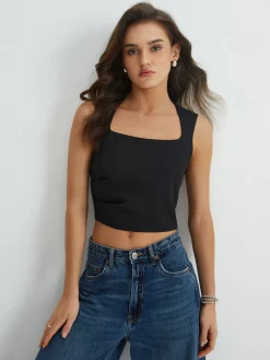COMMENSE Solid Square Neck Pleated Tank Top* Tank Tops & Camis|Tops