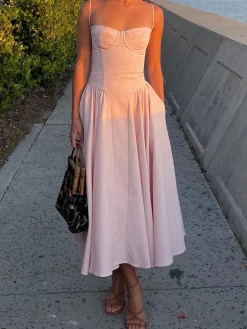 COMMENSE Solid Sweetheart Neckline Cami Midi Dress* Casual Dresses|Cocktail & Party Dresses