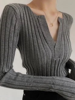 COMMENSE Solid Textured V-neck Knit Top* Sweater Tops|Sweaters & Cardigans