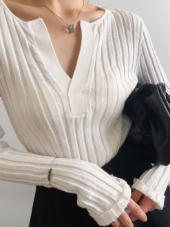 COMMENSE Solid Textured V-neck Knit Top* Sweater Tops|Sweaters & Cardigans