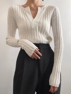 COMMENSE Solid Textured V-neck Knit Top* Sweater Tops|Sweaters & Cardigans