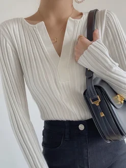 COMMENSE Solid Textured V-neck Knit Top* Sweater Tops|Sweaters & Cardigans