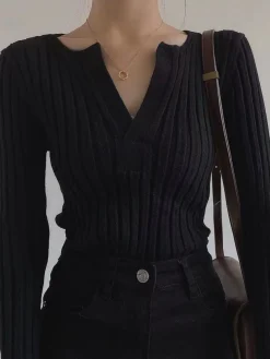 COMMENSE Solid Textured V-neck Knit Top* Sweater Tops|Sweaters & Cardigans