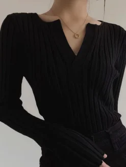 COMMENSE Solid Textured V-neck Knit Top* Sweater Tops|Sweaters & Cardigans