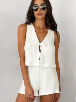 COMMENSE Solid Tie Front Vest With Shorts Set* Shorts Sets|Shorts