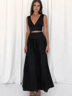 COMMENSE Solid Tie Knot V Neck Skirt Set* Skirt Sets|Long Sleeve Sets