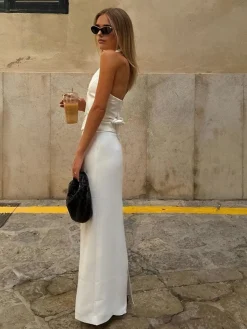 COMMENSE Solid V-Neck Backless Tie Up Halter & Split Maxi Skirt Set* Skirt Sets|Long Sleeve Sets