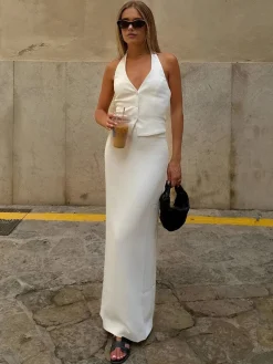 COMMENSE Solid V-Neck Backless Tie Up Halter & Split Maxi Skirt Set* Skirt Sets|Long Sleeve Sets